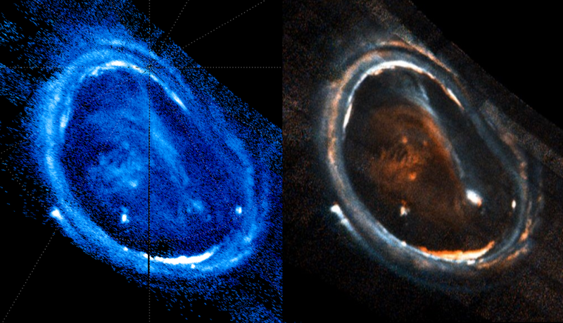 Two versions of Jupiter’s northern aurora. The one on the left is a false color image based on intensity, while the one on the right overlays three different wavelength intensities. (Image: G. Randy Gladstone and Bertrand Bonfond).